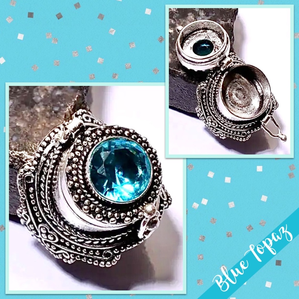 Blue Topaz Eclectic Silver Poison Ring, Size 7.5 (Light Aqua Blue-Green)